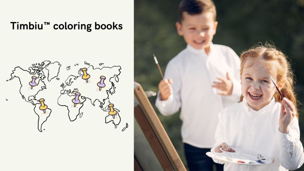 timbiu-coloring-books-kids-painting-world-map.jpg Smiling girl painting with a brush and boy holding a paintbrush in the background; on the left, a world map with pins showing the global reach of Timbiu™ coloring books