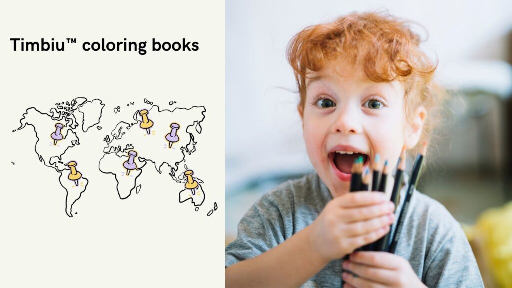 Smiling girl holding colored pencils next to a graphic map of Timbiu™ coloring books’ global reach