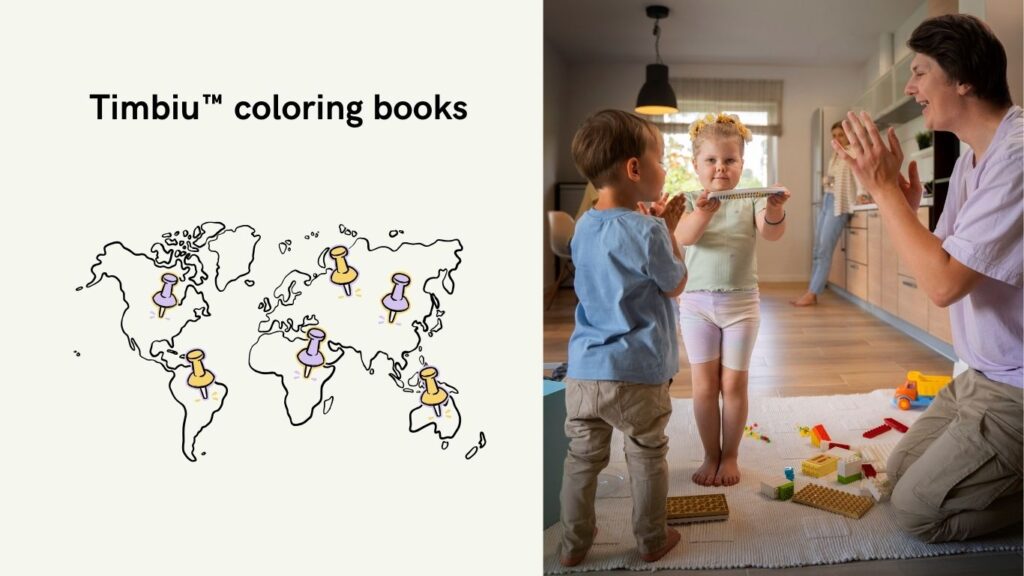Male babysitter playing with kids at home – creative block play Babysitter kneeling on rug playing with kids and building blocks in a cozy living room