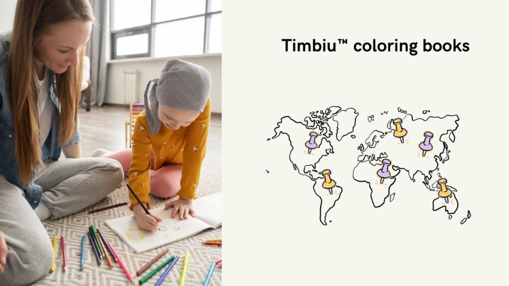 Timbiu™ Coloring Books – Joyful Drawing and Global Reachchild-world-map.jpg A girl draws a coloring page with her mom; next to her, a world map with pins promoting Timbiu™ coloring books
